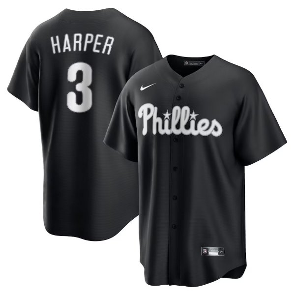Men's Philadelphia Phillies #3 Bryce Harper Nike Black Lights Out Replica Player Jersey