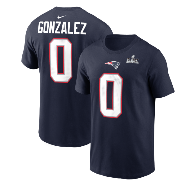 Men's New England Patriots Christian Gonzalez Nike Navy Super Bowl LX Patch T-Shirt