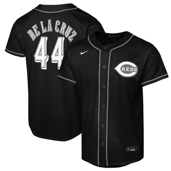 Youth Cincinnati Reds #44 Elly De La Cruz Nike Black Lights Out Replica Player Jersey