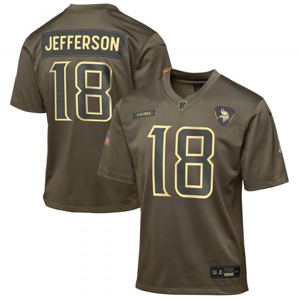 Youth #18 Justin Jefferson Minnesota Vikings Nike 2025 Salute to Service Game Olive Jersey