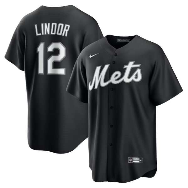 Men's New York Mets #12 Francisco Lindor Nike Black Lights Out Replica Player Jersey