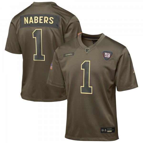 Youth #1 Malik Nabers New York Giants Nike 2025 Salute to Service Game Olive Jersey