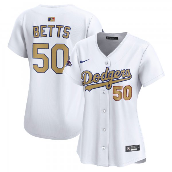 Women's #50 Mookie Betts Los Angeles Dodgers Nike 2025 Gold Collection Limited White Jersey