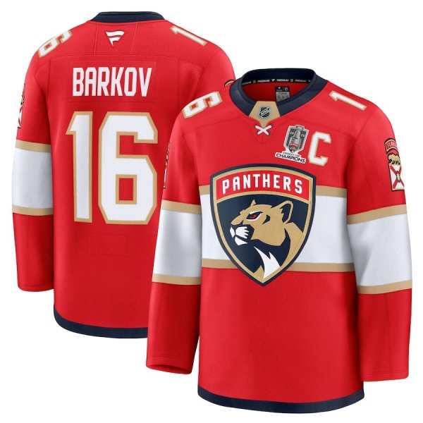 Men's #16 Aleksander Barkov Florida Panthers Home 2025 Stanley Cup Champions Premium Patched Red Jersey
